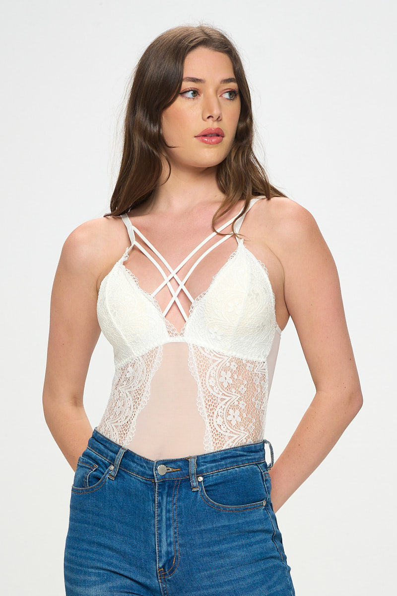 LARISSA STRAPPY FRONT LACE & MESH BODYSUIT