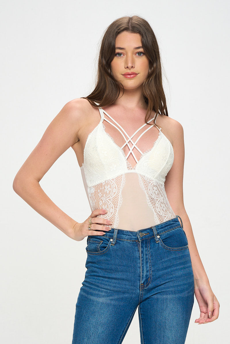 LARISSA STRAPPY FRONT LACE & MESH BODYSUIT