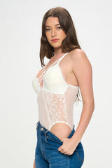 LARISSA STRAPPY FRONT LACE & MESH BODYSUIT