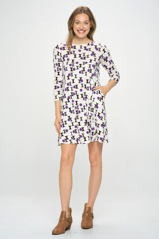 RETRO PRINT 3/4 SLEEVE KNIT DRESS WITH POCKETS