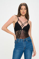 LARISSA STRAPPY FRONT LACE & MESH BODYSUIT