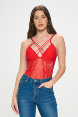 LARISSA STRAPPY FRONT LACE & MESH BODYSUIT