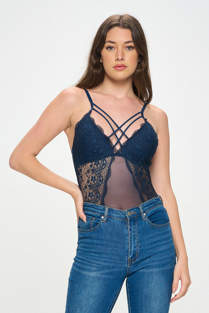 LARISSA STRAPPY FRONT LACE & MESH BODYSUIT