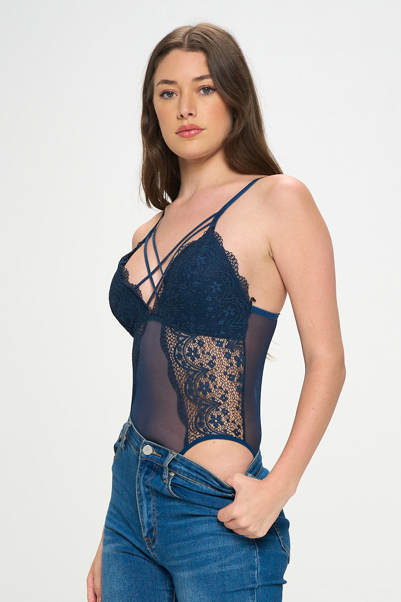 LARISSA STRAPPY FRONT LACE & MESH BODYSUIT