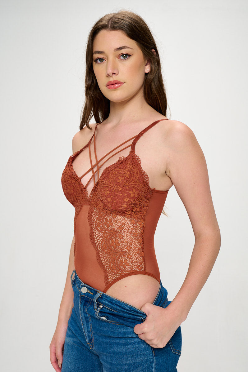 LARISSA STRAPPY FRONT LACE & MESH BODYSUIT