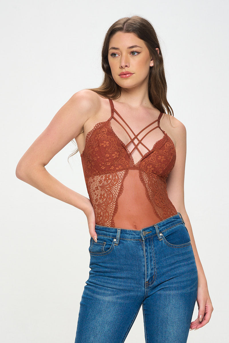 LARISSA STRAPPY FRONT LACE & MESH BODYSUIT