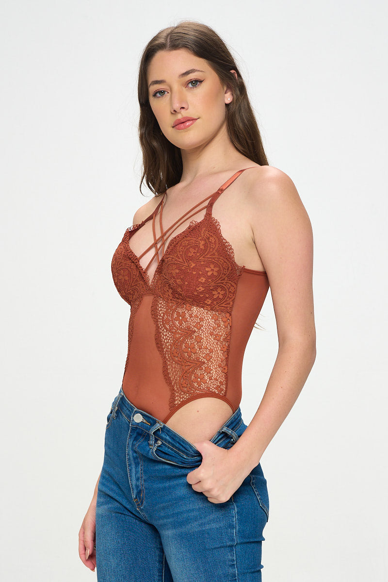 LARISSA STRAPPY FRONT LACE & MESH BODYSUIT