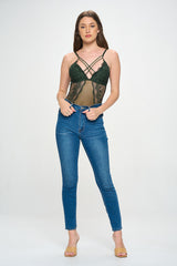 LARISSA STRAPPY FRONT LACE & MESH BODYSUIT