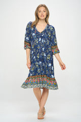 3/4 SLEEVE BOHO PRINT DRESS WITH REMOVABLE TIE