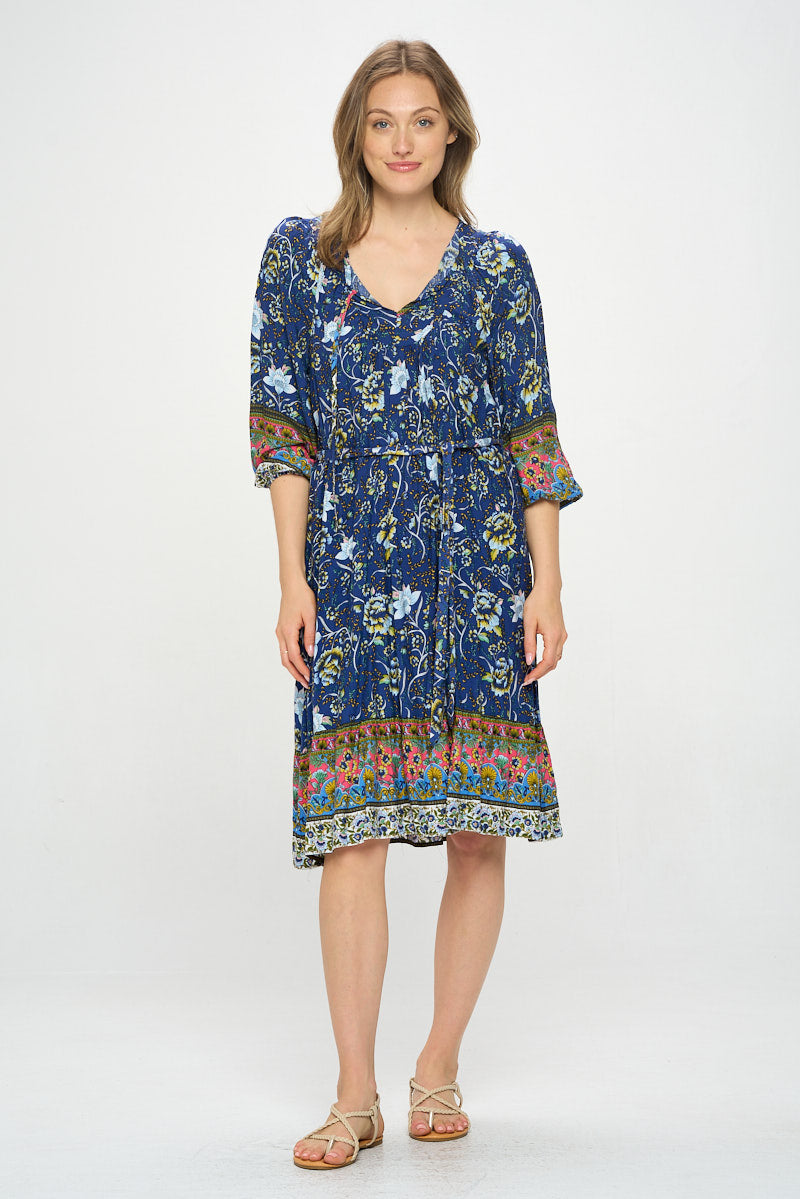 3/4 SLEEVE BOHO PRINT DRESS WITH REMOVABLE TIE