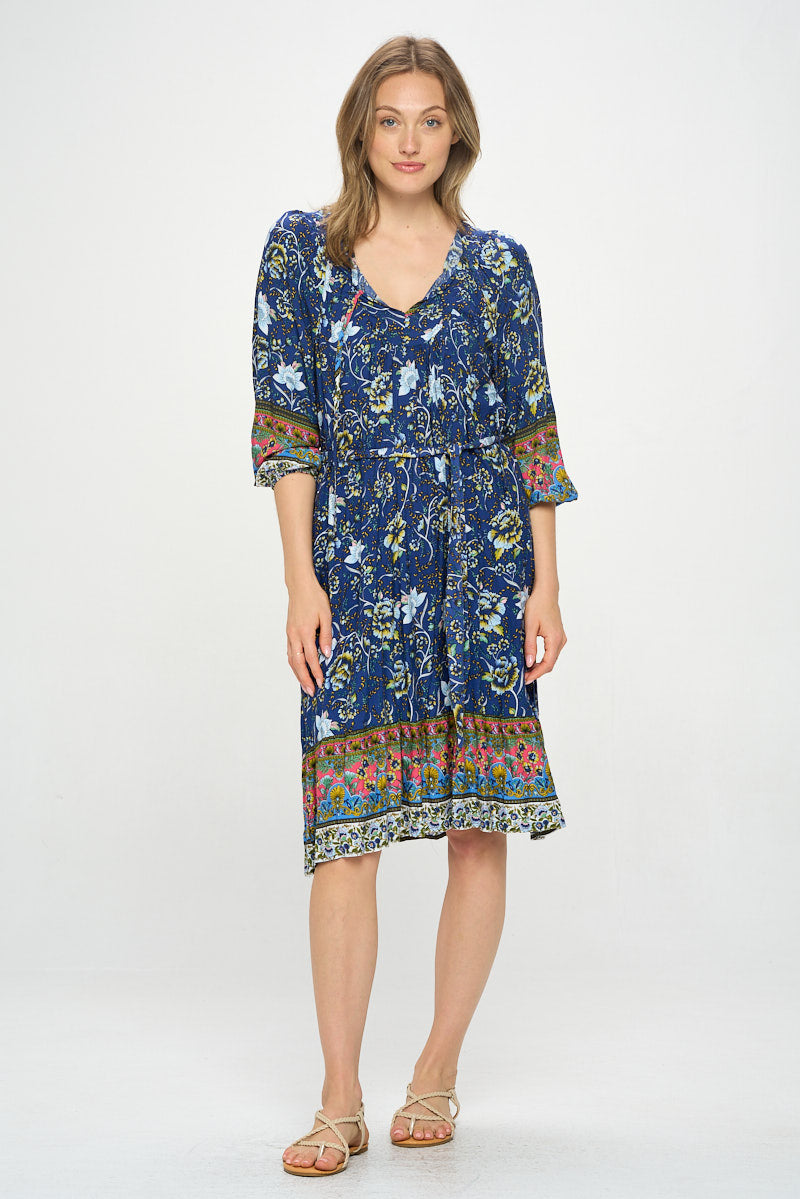 3/4 SLEEVE BOHO PRINT DRESS WITH REMOVABLE TIE