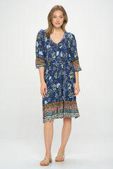 3/4 SLEEVE BOHO PRINT DRESS WITH REMOVABLE TIE