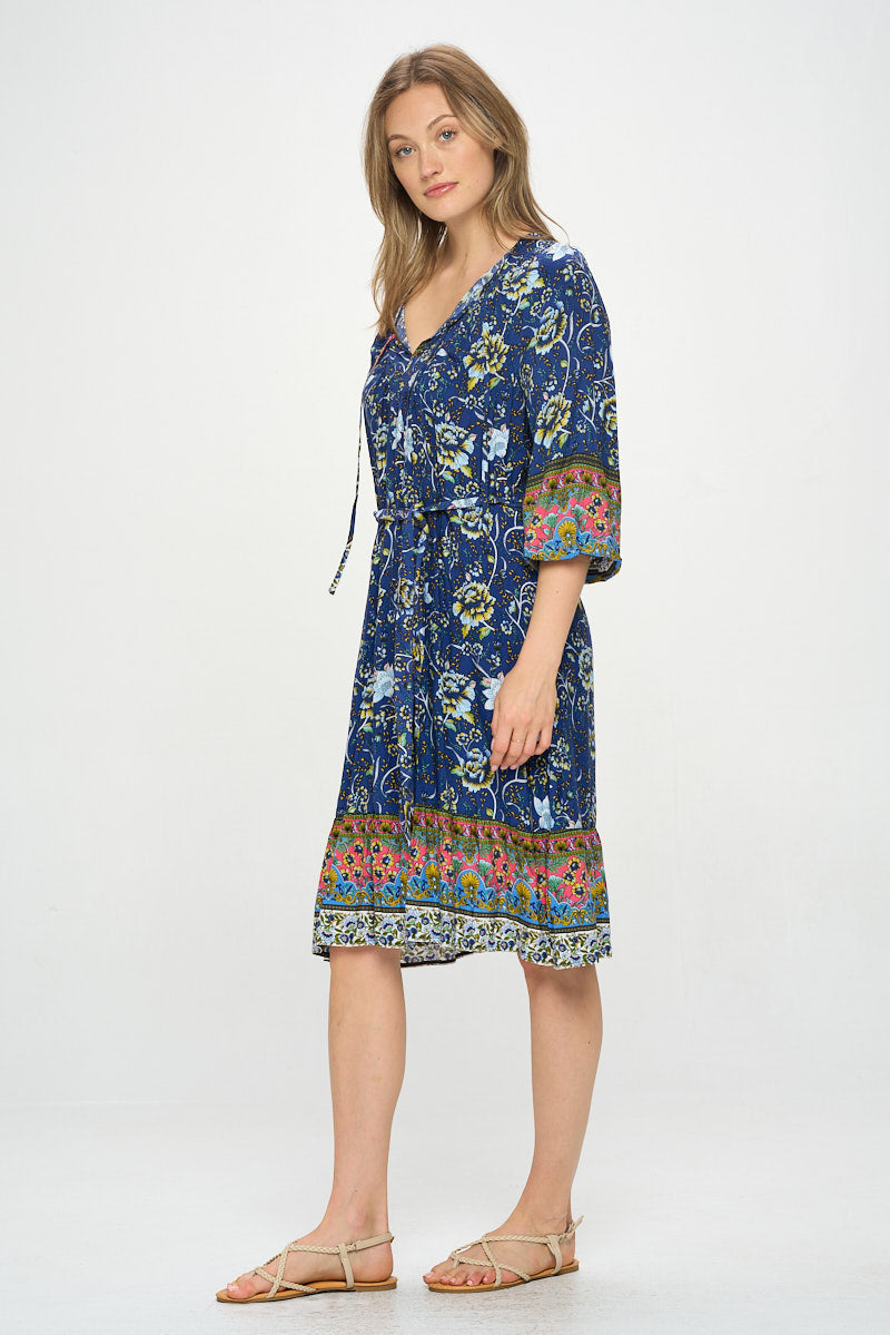 3/4 SLEEVE BOHO PRINT DRESS WITH REMOVABLE TIE