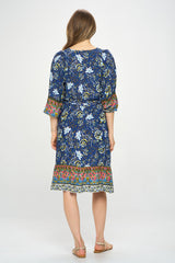 3/4 SLEEVE BOHO PRINT DRESS WITH REMOVABLE TIE