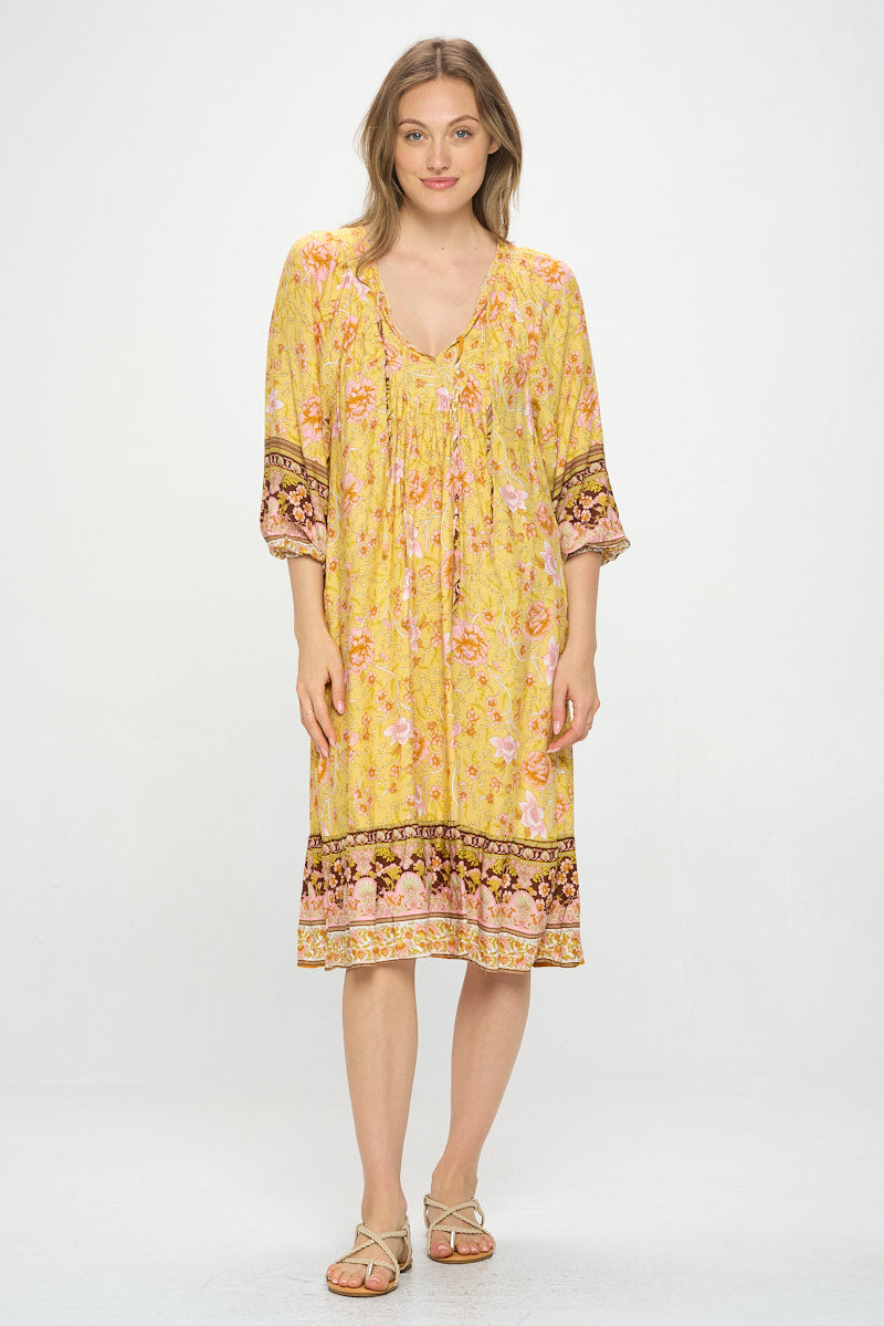 3/4 SLEEVE BOHO PRINT DRESS WITH REMOVABLE TIE