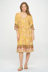 3/4 SLEEVE BOHO PRINT DRESS WITH REMOVABLE TIE