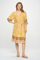 3/4 SLEEVE BOHO PRINT DRESS WITH REMOVABLE TIE