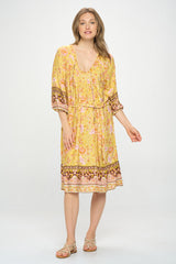 3/4 SLEEVE BOHO PRINT DRESS WITH REMOVABLE TIE