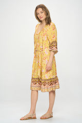 3/4 SLEEVE BOHO PRINT DRESS WITH REMOVABLE TIE