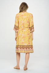 3/4 SLEEVE BOHO PRINT DRESS WITH REMOVABLE TIE