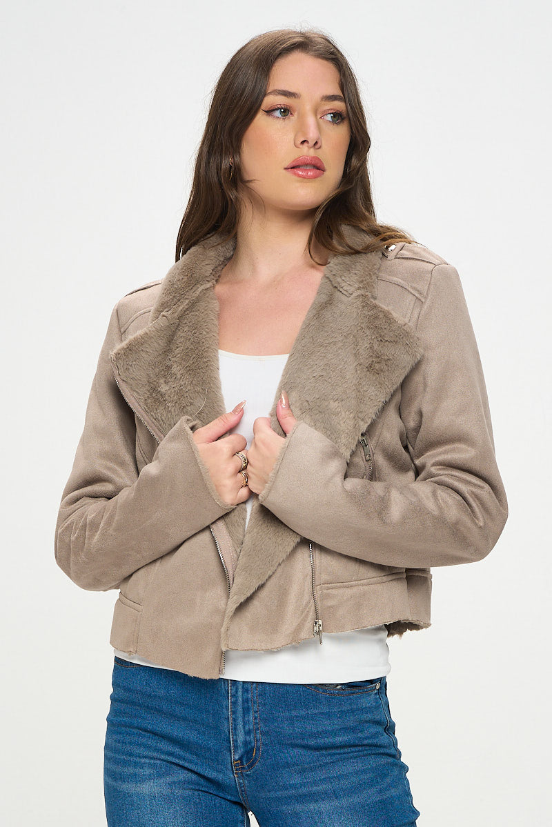 FAUX SUEDE MOTO JACKET WITH FUR LINING