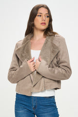 FAUX SUEDE MOTO JACKET WITH FUR LINING