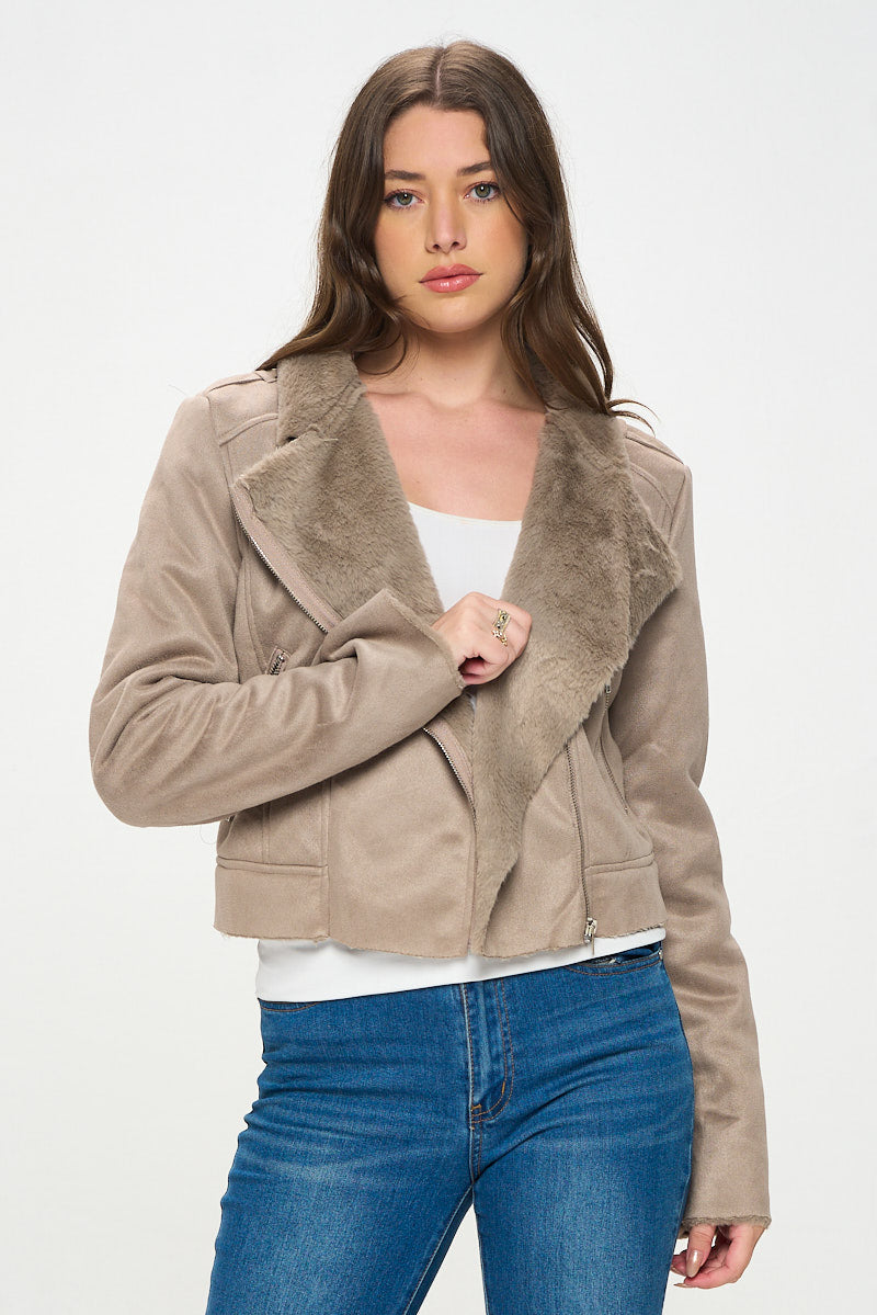 FAUX SUEDE MOTO JACKET WITH FUR LINING