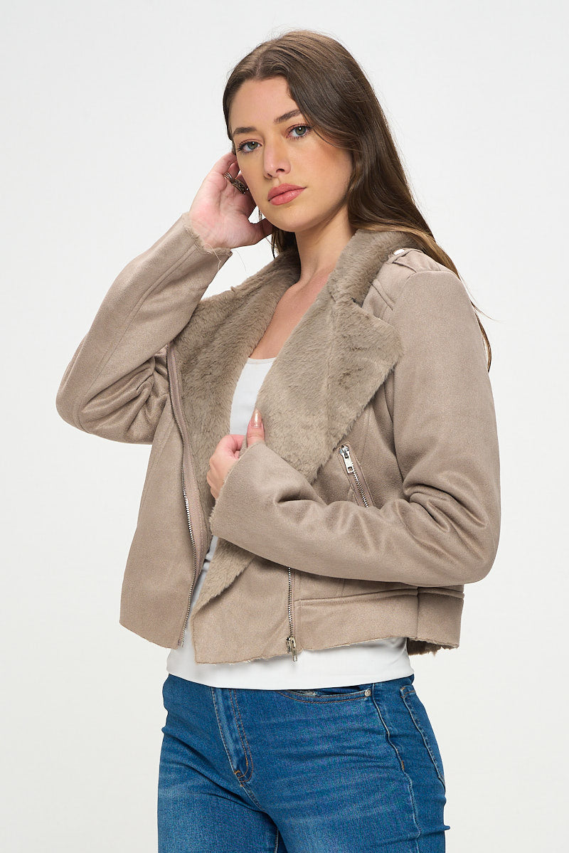 FAUX SUEDE MOTO JACKET WITH FUR LINING