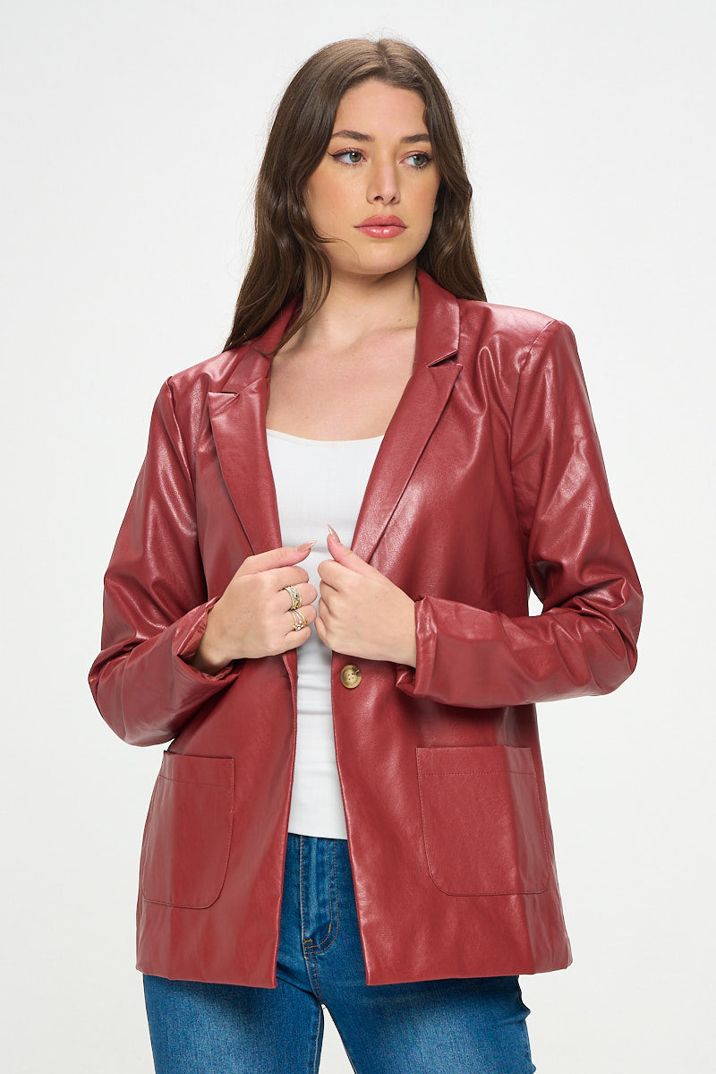 BURGUNDY FAUX LEATHER BLAZER