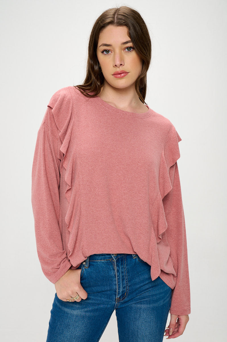 RUFFLE FRONT LONG SLEEVE SWEATER