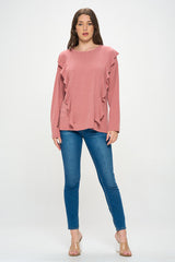 RUFFLE FRONT LONG SLEEVE SWEATER