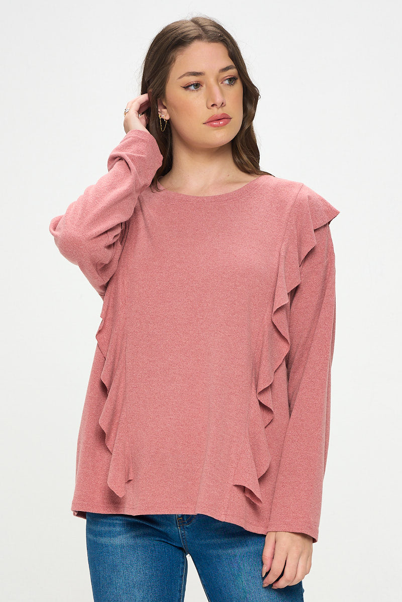 RUFFLE FRONT LONG SLEEVE SWEATER