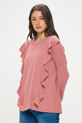 RUFFLE FRONT LONG SLEEVE SWEATER