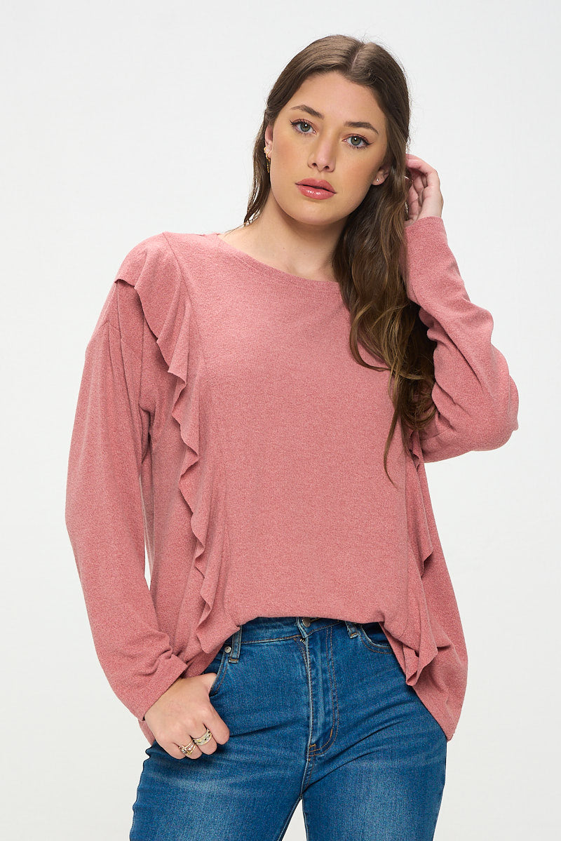 RUFFLE FRONT LONG SLEEVE SWEATER