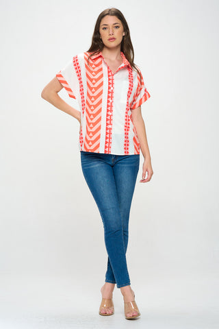 ORANGE GEOMETRIC PRINT S/S STRIPED BUTTON FRONT BLOUSE