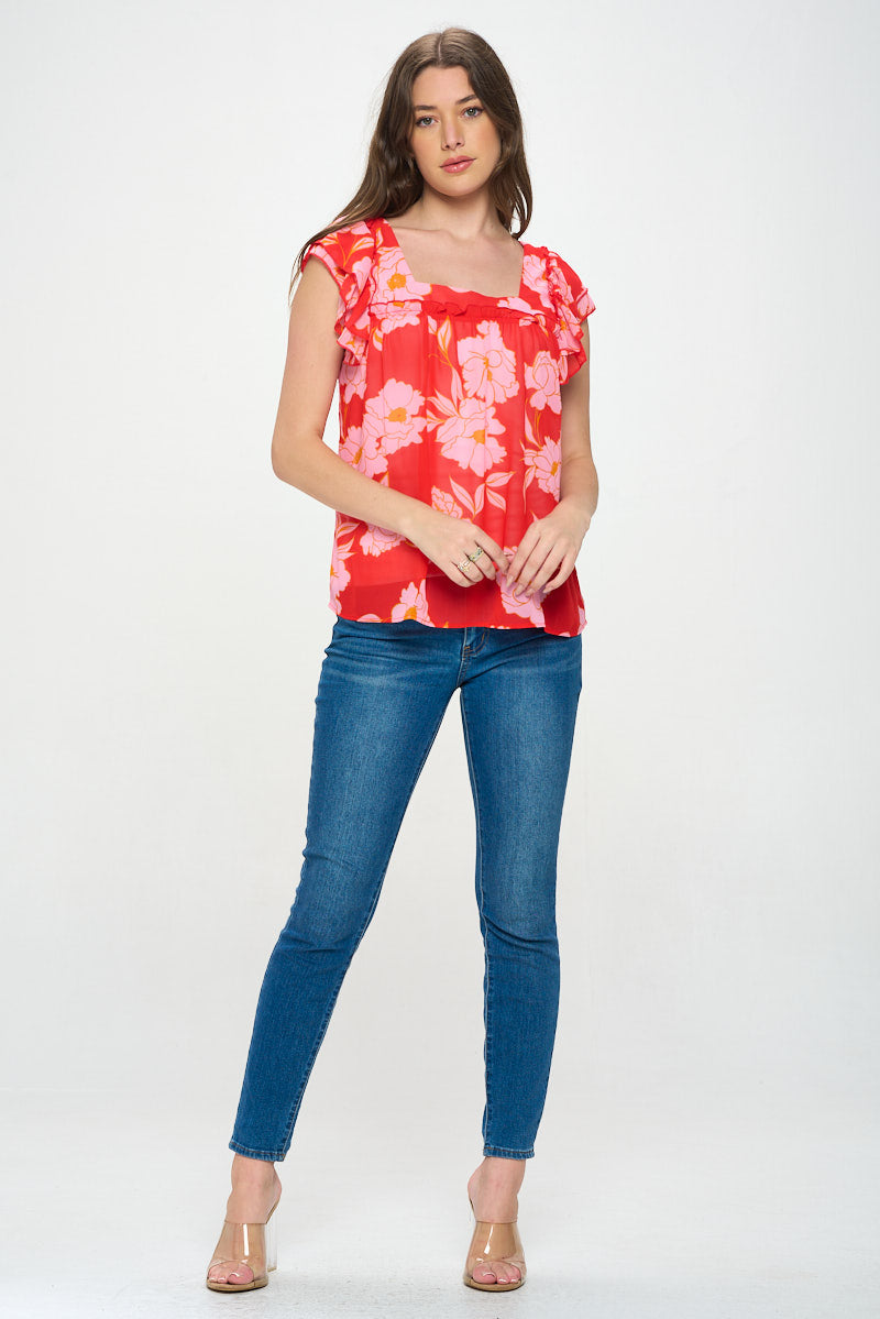 FLORAL CHIFFON SQUARE NECK FLOWY TOP