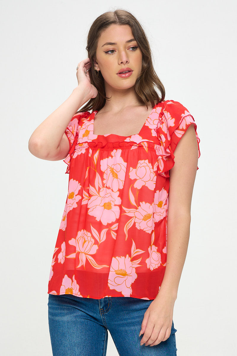 FLORAL CHIFFON SQUARE NECK FLOWY TOP