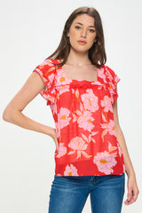 FLORAL CHIFFON SQUARE NECK FLOWY TOP