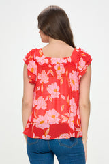 FLORAL CHIFFON SQUARE NECK FLOWY TOP