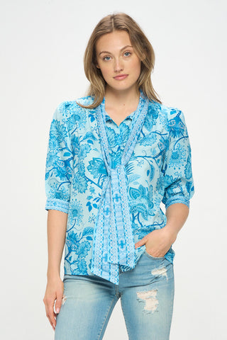 PRINTED 3/4 SLEEVE BLOUSE WITH TIE