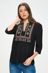 EMBROIDERED 3/4 SLEEVE BLOUSE