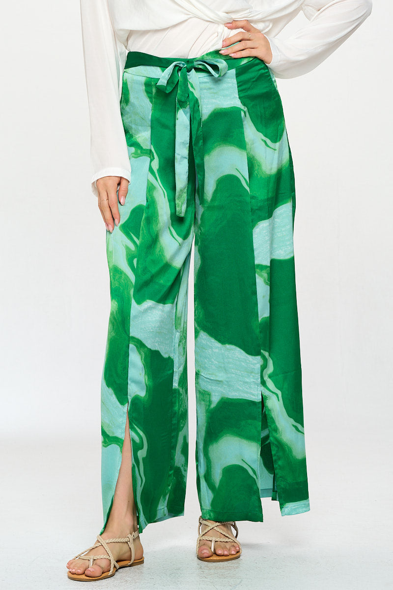 PRINTED WIDE LEG PANT W/ TIE WAIST