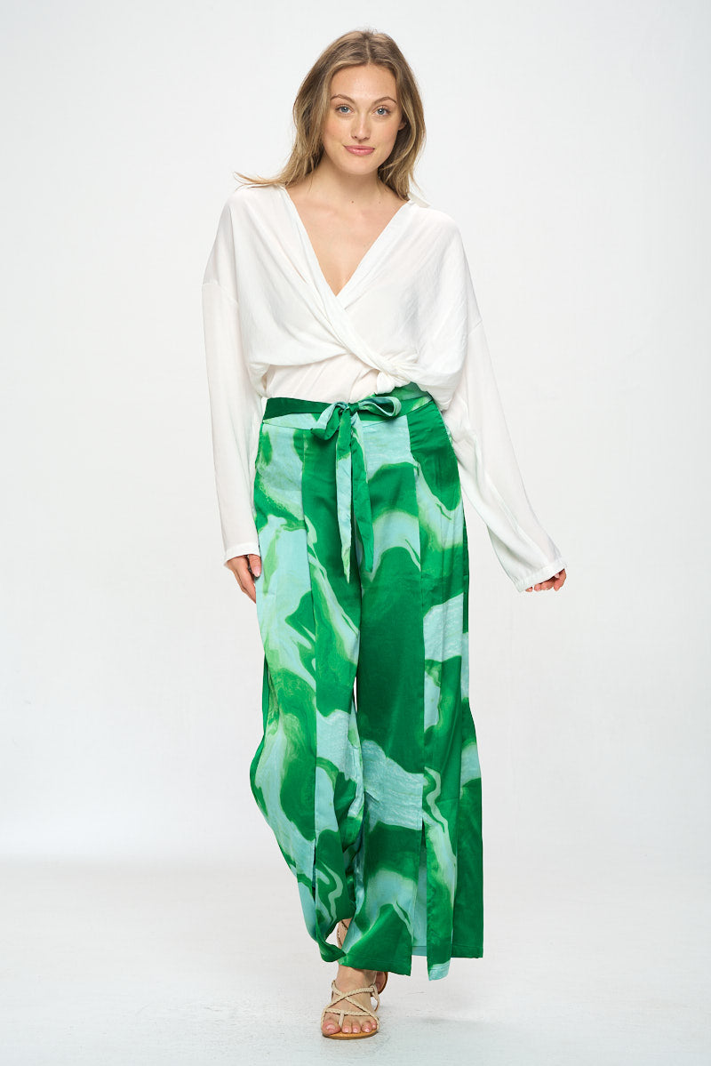 PRINTED WIDE LEG PANT W/ TIE WAIST