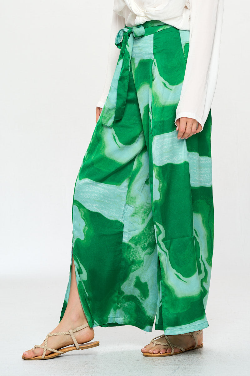 PRINTED WIDE LEG PANT W/ TIE WAIST