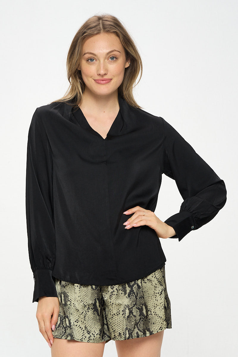 LONG SLEEVE SATIN VNECK BLOUSE