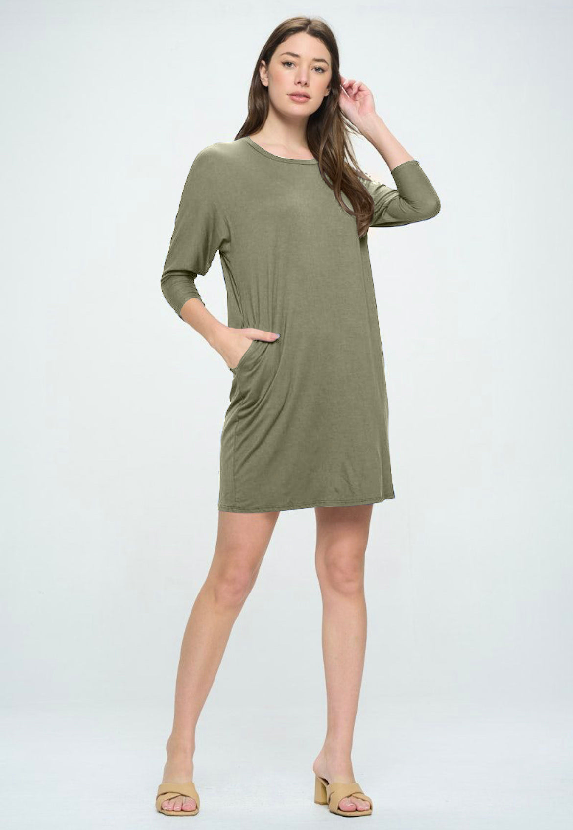 3/4 KNIT SLEEVE DRESS WITH POCKETS