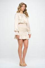 LONG SLEEVE JACQUARD SMOCKED MINI DRESS