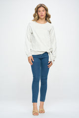 TIE FRONT HEATHERED SWEATSHIRT