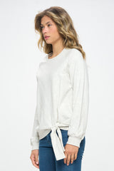 TIE FRONT HEATHERED SWEATSHIRT