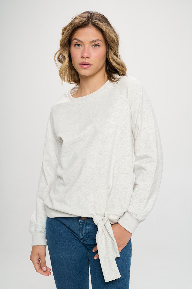 TIE FRONT HEATHERED SWEATSHIRT